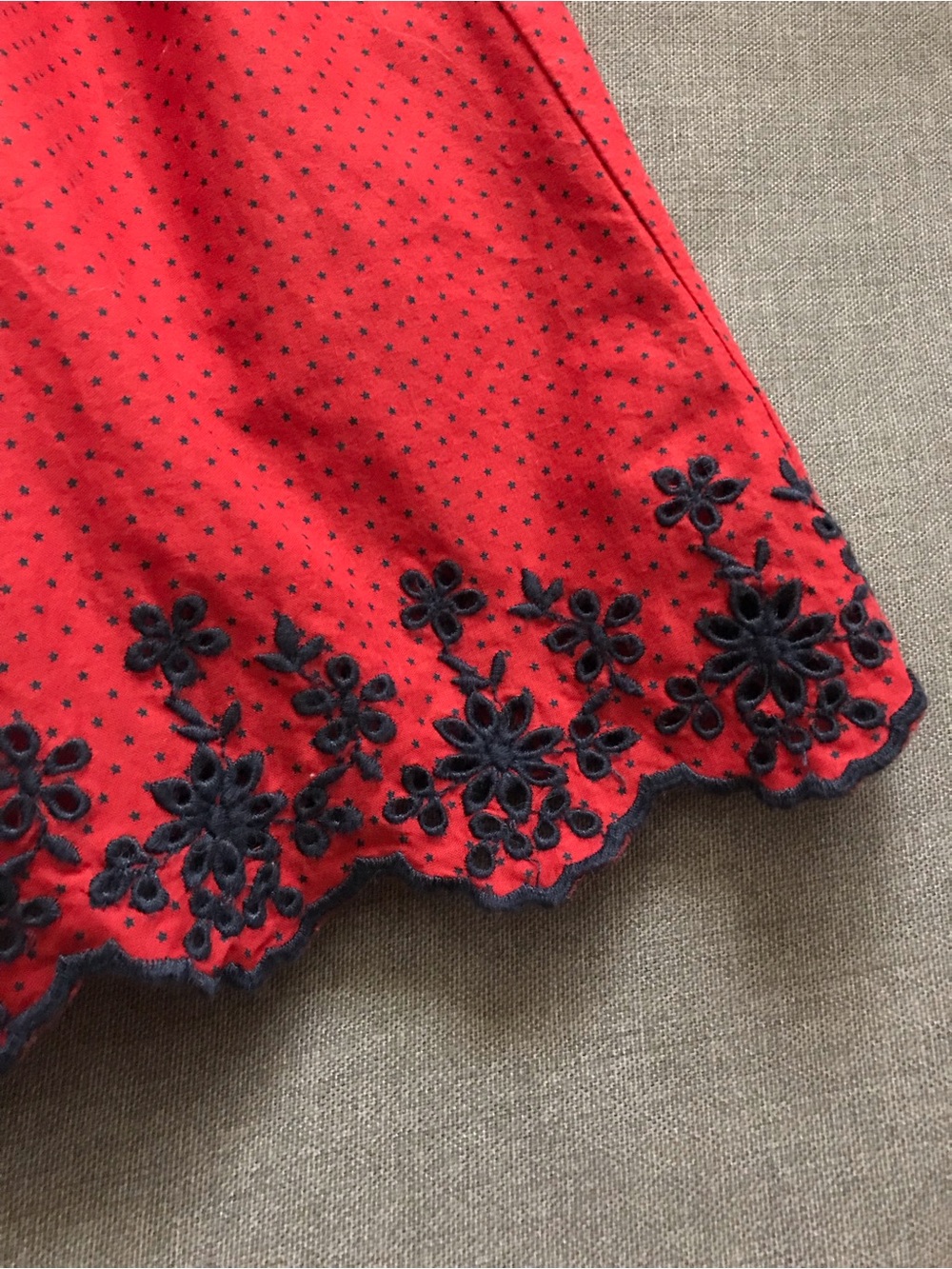 Red Ruffled Girl's Top with Embroidered Navy Hem - Picture 3 of 7
